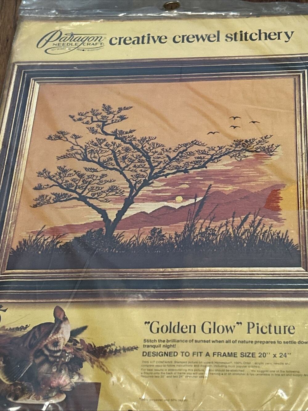 1975 GOLDEN GLOW Sunset PARAGON NEEDLECRAFT Kit Crewel Stitchery 20”x24” NOS